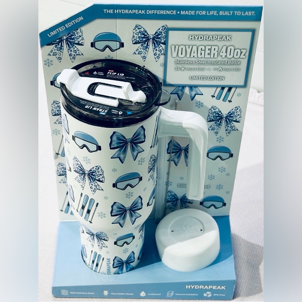 NEW! HydraPeak Voyager Limited Edition Ski Blue Bow Insulated 40oz Tumbler- Rare